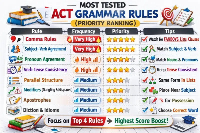 most tested act grammar rules (priority ranking)